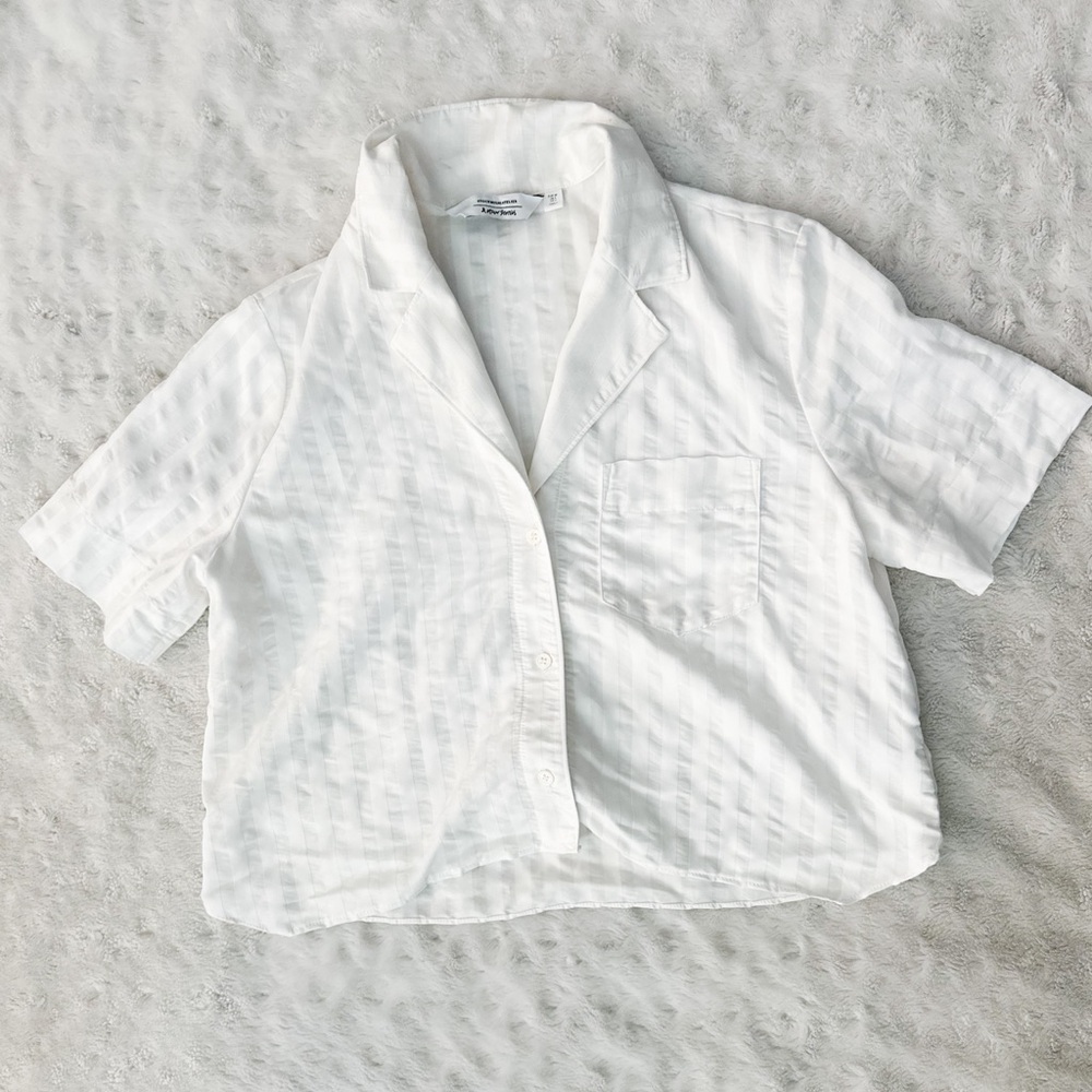 & OTHER STORIES White on White Striped Button Front Crop Top
